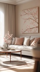 Canvas Print - Elegant living room with cherry blossom art and modern decor