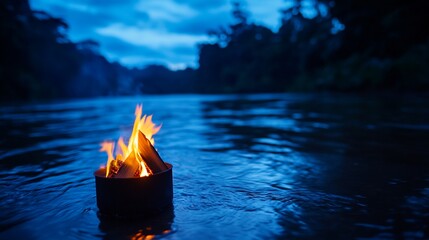 Canvas Print - River campfire at dusk, jungle backdrop. Travel, adventure imagery