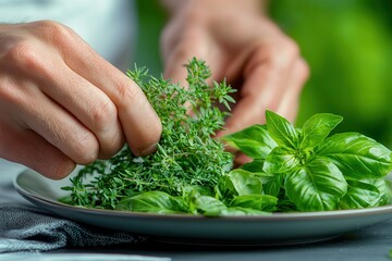 Wall Mural - Halal food organic and delicious Fresh herbs being prepared for cooking in a bright kitchen setting.