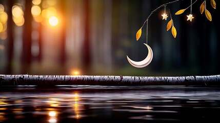 Wall Mural - Serene twilight over a tranquil lake with a crescent moon and twinkling stars in the background