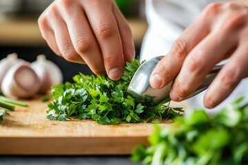 Wall Mural - Halal food organic and delicious Chopping fresh herbs on a wooden cutting board.