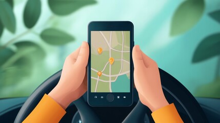 Person using a navigation app on their phone while driving.