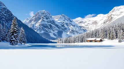 Wall Mural - Serene winter landscape featuring a cozy cabin by a frozen lake surrounded by snow-capped mountains