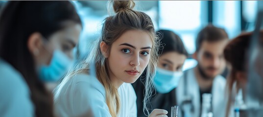 Wall Mural - A group of young professionals in a meeting, wearing masks, focused on a discussion with a female in the foreground looking directly at the camera