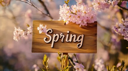 Canvas Print - Spring blossoms with wooden sign amidst blooming cherry blossoms