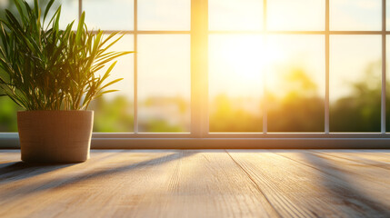 Aufkleber - Sunset light illuminating a potted plant on a wooden table by a window overlooking a garden