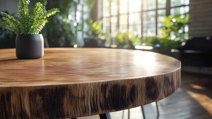 Aufkleber - Sunlight illuminating round wooden table with potted plant, casting warm glow across minimalist living space