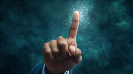Aufkleber - Hand of a businessman touching digital data with his index finger generating light and particles