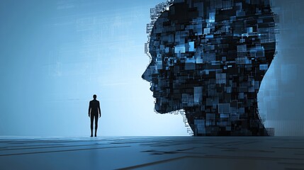 Person facing giant digital head, futuristic landscape, AI concept
