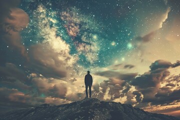 stargazer on a rocky outcrop under a starry night sky filled with celestial wonders and vibrant clou