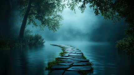 Wall Mural - A tranquil scene depicting a winding stone pathway leading through misty waters bordered by lush greenery, Ideal for themes of serenity, exploration, or nature in advertising, blogs, and meditation,