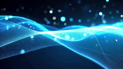 Wall Mural - illuminated blue waves display a shimmering pattern in a dark space environment with tiny glowing pa