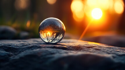 Wall Mural - A captivating glass sphere on a rock reflects a vibrant sunset, blending nature and art, This image is perfect for themes of reflection, tranquility, or artistic inspiration,