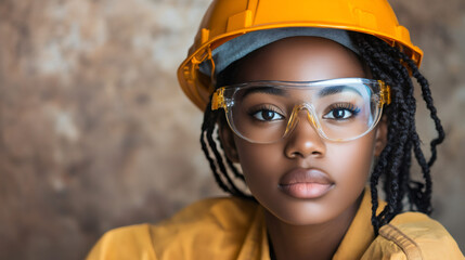 Aufkleber - Portrait of a confident female engineer wearing safety glasses and hardhat, embodying professionalism and expertise in industrial field
