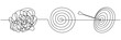 © Віталій Баріда - Chaotic and mess lines with target continuous one line drawn. Achieve goal symbol. Problem solving concept. Vector illustration isolated on white.