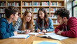 © Vera - A group of students in a library, engaged in a study session to prepare for an upcoming exam. The image represents teamwork, collaborative learning, and academic preparation.
