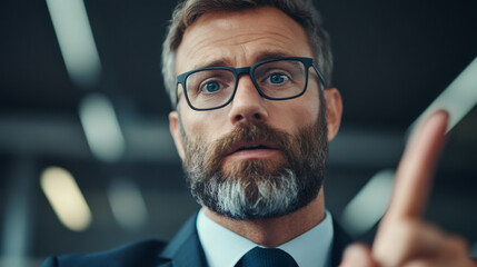 Canvas Print - Close-up portrait of a businessman wearing glasses and raising his finger while speaking during a business meeting