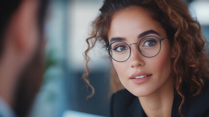 Canvas Print - Professional businesswoman wearing glasses, listening intently during workplace discussion, showing focused communication and collaborative mindset