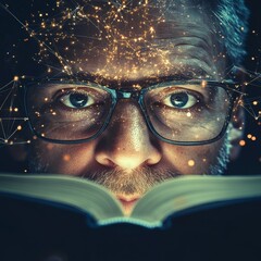 Poster - Illuminating Knowledge: Man Immersed in Book with Glowing Neural Network Overlay, Symbolizing Insight and Connected Thinking