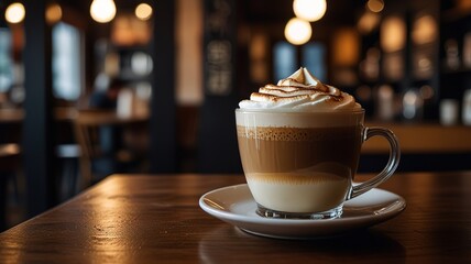 Wall Mural - View on coffee shop coffee in cup, Steaming Cup of Coffee on Wooden Table