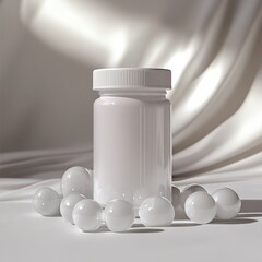 Poster - Monochromatic Minimalism: White Bottle with Spheres on Draped Fabric, A Study in Light and Form in a Minimalist Aesthetic