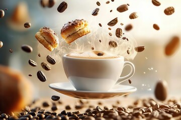 Wall Mural - Coffee and bakery: Freshly brewed and roasted A steaming coffee cup surrounded by coffee beans and pastries.