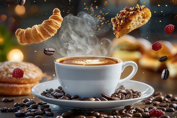 Wall Mural - Coffee and bakery: Freshly brewed and roasted Hot coffee surrounded by pastries and coffee beans, with steam rising.