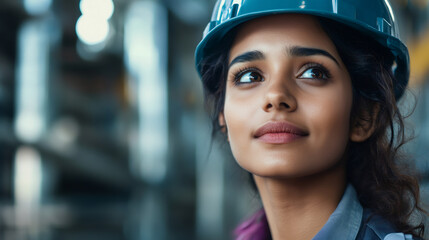 Aufkleber - Confident female engineer wearing hard hat standing confidently near industrial machinery