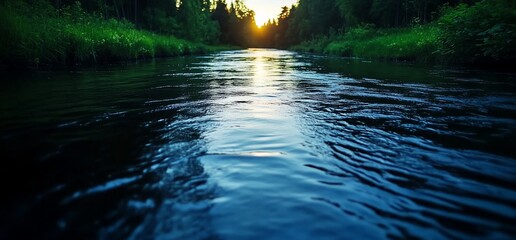 Canvas Print - Sunset river flows through forest, calm water, nature background, travel poster