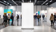 © Olga's Design - Blank exhibition banner in trade show hall with attendees and vibrant displays in background, event promotion