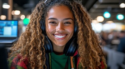 Wall Mural - Smiling young woman with headphones on