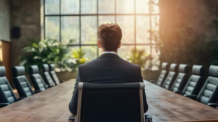 Canvas Print - Businessman sitting alone at the head of a large conference table looking out a bright window in a modern office