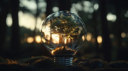 Wall Mural - A lightbulb situated in a green forest represents the iconic ESG environment, which encompasses CO2, circular companies, and net zero, alongside technology and organizational environmental