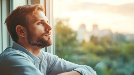 Poster - Thoughtful businessman looking out the window at sunset, contemplating the future of his business