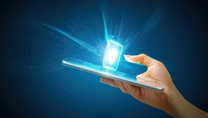 Blue gradient tablet screen displays innovative AI icon.