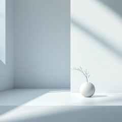 Fototapete - Minimalist composition showcasing a single white vase with a delicate branch in a bright, airy interior space. Generative AI