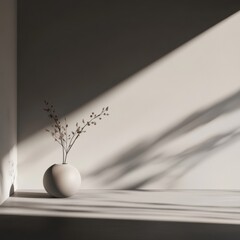 Aufkleber - Artistic composition featuring a minimalist vase with dried branches cast in shadows on a neutral wall. Generative AI