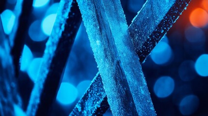 Wall Mural - Frost-covered wooden structures illuminated by blue and orange light in a winter scene