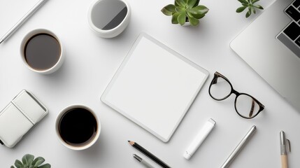 Poster - Workspace arrangement with coffee, plants, and stationery essentials for productivity in a tidy office setting. Generative AI