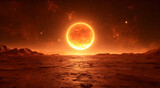 Bright orange sun rises over rugged alien landscape with distant stars scattered across the dark sky