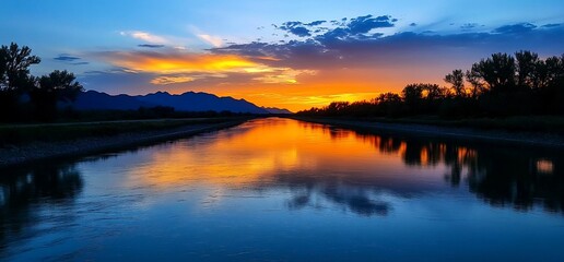 Canvas Print - Sunset over river, mountain backdrop, calm water, nature scene