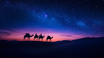 Wall Mural - Silhouette of a camel caravan crossing desert dunes under a breathtaking starry sky at dusk, capturing adventure and tranquility. Desert Caravan Under Stars. Illustration