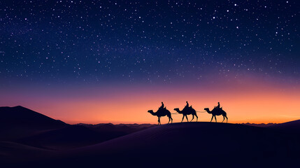 Wall Mural - Silhouette of a camel caravan crossing desert dunes under a breathtaking starry sky at dusk, capturing adventure and tranquility. Desert Caravan Under Stars. Illustration