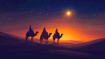 Wall Mural - Three travelers on camels journeying across a desert under a bright star at night. Desert Caravan Under Stars. Illustration