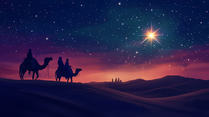 Wall Mural - Three travelers on camels journeying across a desert under a bright star at night. Desert Caravan Under Stars. Illustration