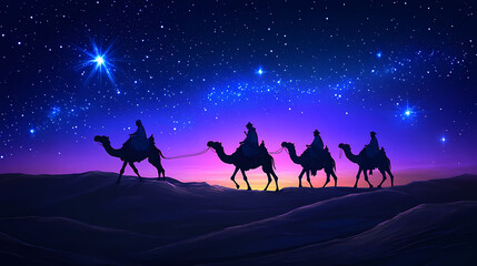 Wall Mural - Three wise men on camels journey across a desert under a starry night sky. Desert Caravan Under Stars. Illustration
