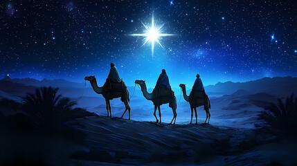 Wall Mural - Three wise men on camels journeying under a bright star in a desert landscape, symbolizing hope and guidance. Desert Caravan Under Stars. Illustration