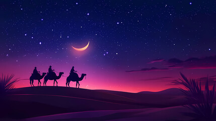 Wall Mural - Tourists riding camels in desert under crescent moon and starry sky. Desert Caravan Under Stars. Illustration