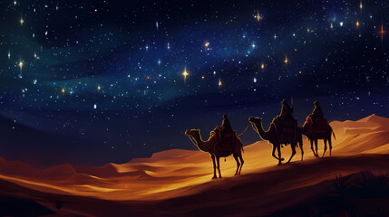 Wall Mural - Travelers journey through desert under starry night with camels. Desert Caravan Under Stars. Illustration