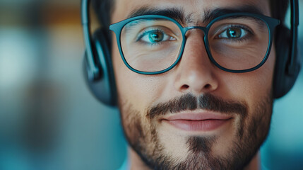 Canvas Print - Professional male concentrating while using laptop, wearing glasses and wireless headphones during remote work session